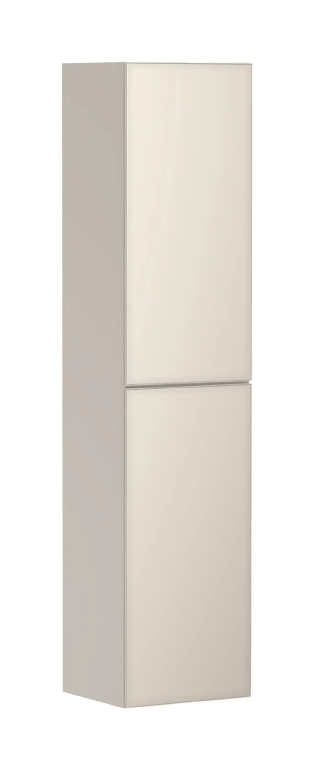 Hochschrank in Sandbeige von Hansgrohe, mit zwei Türen und gerader Form, anscheinend für Badezimmer oder ähnliche Räume gestaltet. Türanschlag links sichtbar.